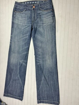 Jeans feminino Earnest costurado tamanho 30 perna larga lavagem média cintura média elástica - Imagem 1 de 4