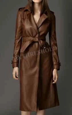 Women's Brown Trench Coat REAL Leather  Modern Vintage  Long design - Image 1 of 3