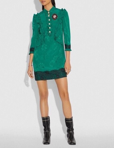 Mini abito Coach a maniche lunghe stile vittoriano collo alto floreale in pizzo taglia 2