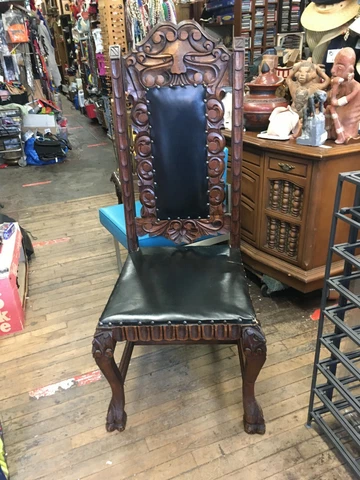 Antique RARE Green Man Fable Carved Wood Chair Leather Mexico Cover