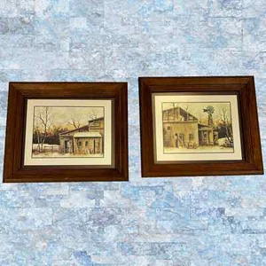 Vintage Robert Nidy alte Landscheune gerahmte Drucke 12x14 passendes Paar - Bild 1 von 6
