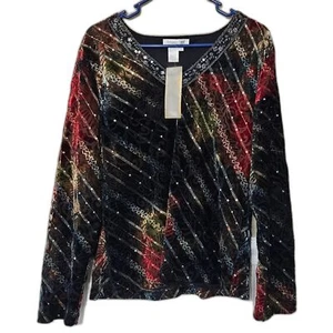 New Coldwater Creek lined burnout velvet Sequined V-neck top Size L - Picture 1 of 5