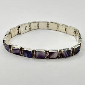 Bellissimo Bracciale Vintage Argento 970 Wampum Viola Conchiglia Quahog Maglia Quadrata - Foto 1 di 10