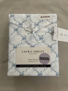 NEW 4pc Laura Ashley Queen Sheet Set Cottage BOW RIBBON Blue & White - Picture 1 of 5
