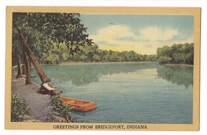 Mann Fischerboot Grüße aus Bridgeport Indiana Postkarte in Leinen 1948 - Bild 1 von 2