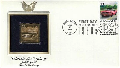 Ford Mustang Convertible Cabriolet Car USA Golden Gold 22k Plated Stamp FDC 1999 - Image 1 of 2