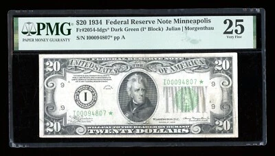 DBR 1934 $20 FRN DGS STAR Minneapolis Fr. 2054-Idgs* PMG 25 Serial I00094807* - Image 1 of 2