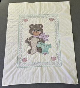 Vintage Baby Quilt Hand Cross Stitched Teddy Bear Rocking Horse UNFINISHED 37x29 - Picture 1 of 14