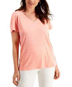 Ideology Women's V-Neck, Short Sleeve, Shadow Stripe T-Shirt, Peachberry, L - Picture 1 of 1
