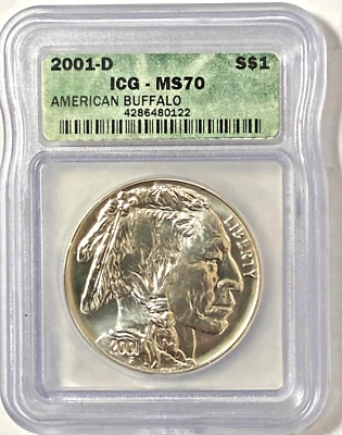 2001-D American Buffalo Silver Dollar ICG-MS70 Gem. Nice Luster!! - Image 1 of 2