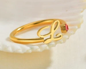 Simulated Ruby With Personalized Initial Letter Ring In Solid 10K Yellow Gold - Picture 1 of 5