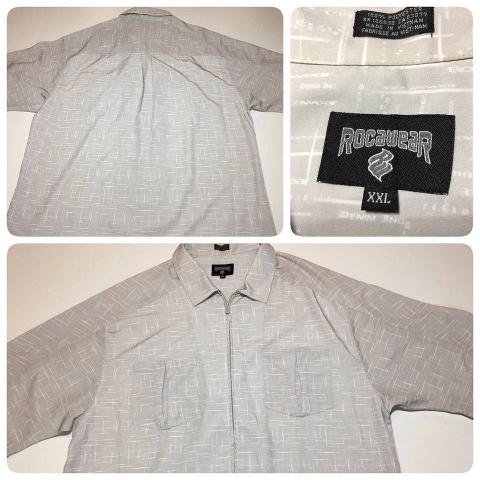 Hombre Rocawear Estampado Cremallera Manga Corta Gris Camisa XXL Doble Bolsillo Barbero, B7 Foto 1 de 4