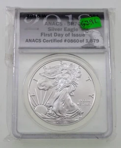 2018-W S$1 Burnished Silver American Eagle Graded by ANACS as SP70 - Picture 1 of 4