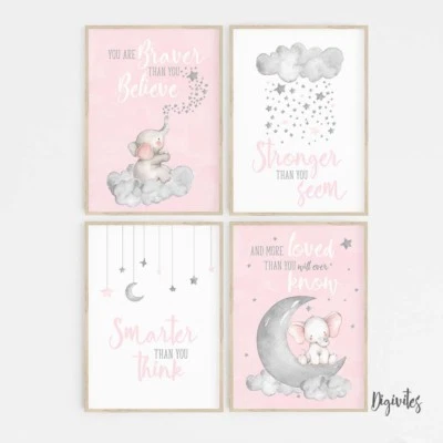 Baby Girl Nursery Wall Art Decor Prints. Elephant, moon clouds, Stars. Set of 4