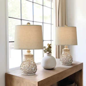 2er Set 18,5" Retro Bauernhaus Tischlampen Harz für Schlafzimmer & Wohnzimmer - Bild 1 von 12