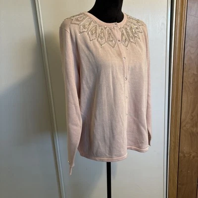 Bob Mackie  Women’s Large Wearable Art Knit Cardigan Sequin Beaded Sweater pink - Image 1 of 4