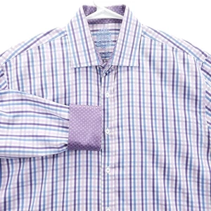 English Laundry Shirt Mens 16.5 34/35 Purple Blue Plaid Flip Cuffs Long Sleeve - Picture 1 of 13