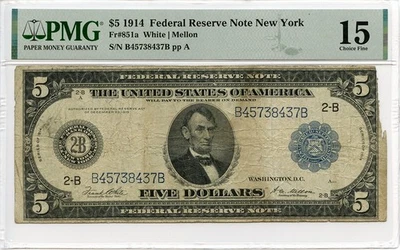 Billete de 5 dólares de la Reserva Federal de 1914 PMG CHF15 FR# 851a, Nueva York, daños en el borde Foto 1 de 2