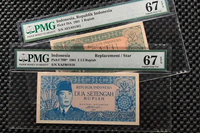 INDONESIA 1961 1 & 2 1/2 RUPIAH BORNEO P79a P79b PMG67 EPQ - Image 1 of 2
