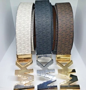 Cinturón para mujer Michael Kors firma logotipo reversible MK 554517 negro marrón marfil - Imagen 1 de 9