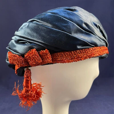 Sombrero Burbuja Turbante Borla Borla Borla Borla Borla Rojo Seda Azul Eduardiano De Colección Foto 1 de 4