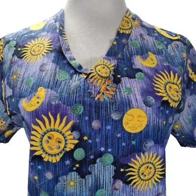 Celestial Moon Star Print Scrub Top Size S Blue Cotton Unisex Sun Moon Stars - Image 1 of 4
