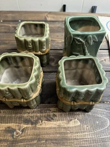 Lot Of 4 Glazed Ceramic Bamboo Planters Pot Succulent Asian Frog - Picture 1 of 8