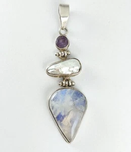 Sterling Silver 925 Amethyst Rainbow Moonstone Biwa Pearl Hinged Artisan Pendant - Picture 1 of 15