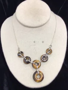 Vintage Sterling Silver 925 Unique Tiger Eye Circles Pendant Necklace 18" LL27 - Picture 1 of 4