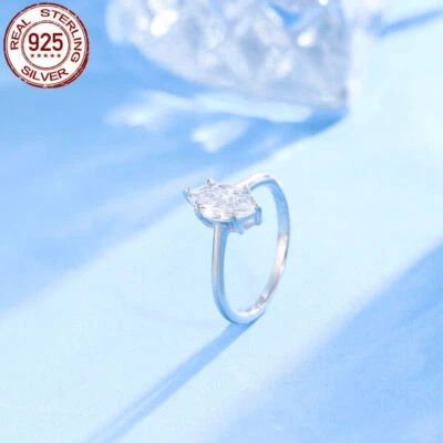 Anillo solitario pulido corte marquesa circonita cúbica plata de ley 925 regalo de boda nupcial Foto 1 de 4