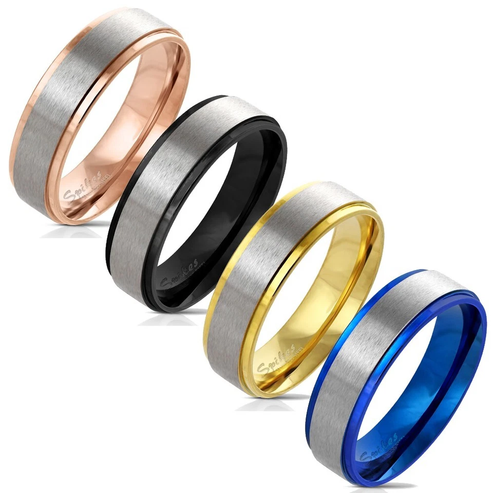 Stainless Steel Brushed Center Wedding Band Ring Black-Blue-Rose Gold Plated - Image 1 of 1