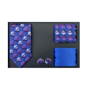 Nuevo Formal Hombre Corbata Delgada 2 Hankies Puño Eslabones Regalo Set Azul Gris Patrón - Imagen 1 de 3