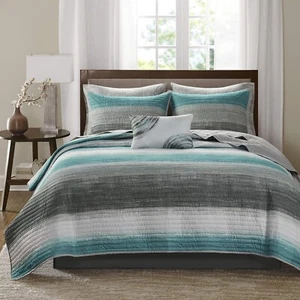 Madison Park Essentials Teal Striped Full Quilt Sheet Set 8pc OEKO-TEX Certified - Picture 1 of 3