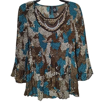 Blusa Top New Directions Mujer Multicolor Con Cuentas Arrugado Cuello Redondo Talla Pequeña Foto 1 de 4