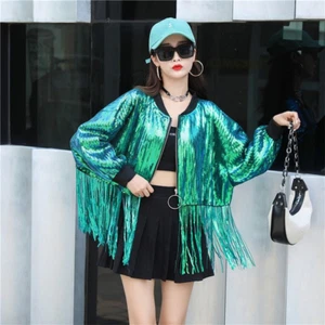 Women Sequins Fringe Tassel Jacket Coat Club Stage Dance Costume Glitter Shiny - Picture 1 of 18