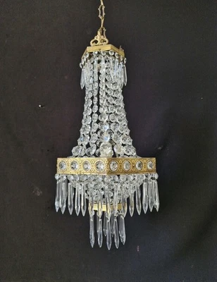 Antique Vintage Brass & Crystals French Empire Chandelier Ceiling Fixture  - Image 1 of 4