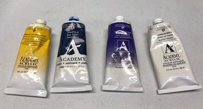 Grumbacher Academy Acrylics 4 Tubes Blue, Yellow, White, Ultramarine Blue USED! - Image 1 of 4