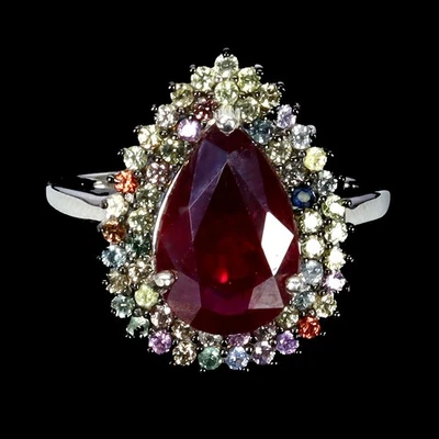 925 Sterling Silver Ring Pear Ruby 12x8mm Sapphire Natural Gemstone Size 6.5 - Image 1 of 4