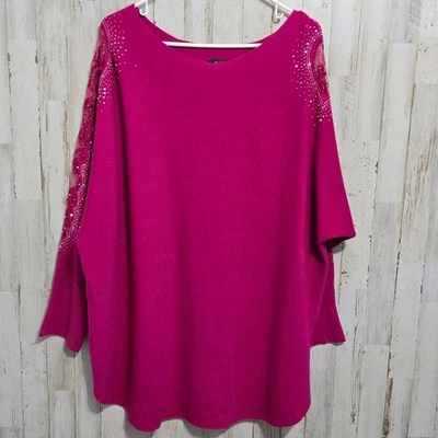 Tahari Fuchsia Sheer Lace 3/4  Sleeves Rhinestone Boat Neck Top Plus Size 2X Foto 1 de 4