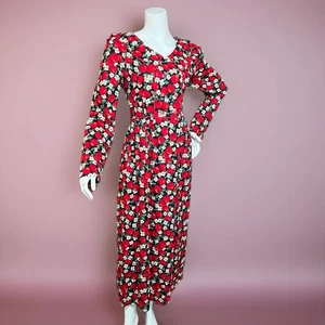 VINTAGE 80s Leslie Lucks Maxi Dress Size 16 Floral Cottagecore Double Breasted - Bild 1 von 5