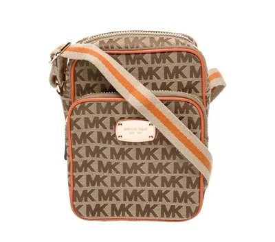 Bolso Bandolera Michael Kors Signature Flight Beige Naranja Dorado Borde de Cuero Foto 1 de 4