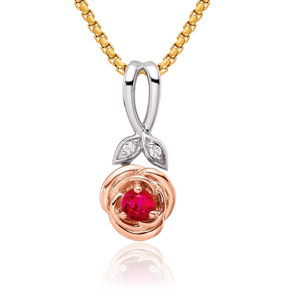 14K Solid Two Tone Gold Ruby Diamond Flower Necklace - Image 1 of 1