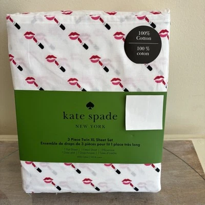 Kate Spade XL Twin Sheet Set 3 Piece Set Cotton Lips Lipstick Kiss Pink Red NEW - Image 1 of 4