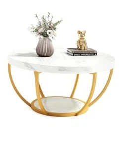 Round Coffee Table, 32" Circle Faux Marble Coffee Tables for White and Gold - Picture 1 of 7