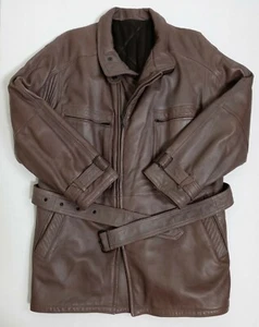 Vintage Feli Rossetti Brown Italian Natural Leather Coat Belted Men's XL/50 Long - Picture 1 of 8