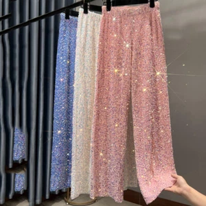 Lady Loose Bling Glitter Sequin Trousers Elastic Waist long Pants Party Clubwear - Picture 1 of 22