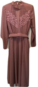 Dress 1950s Vintage Sz Med Lace Front W/ Belt Dusty Rose Handmade Long Sleeve - Picture 1 of 5