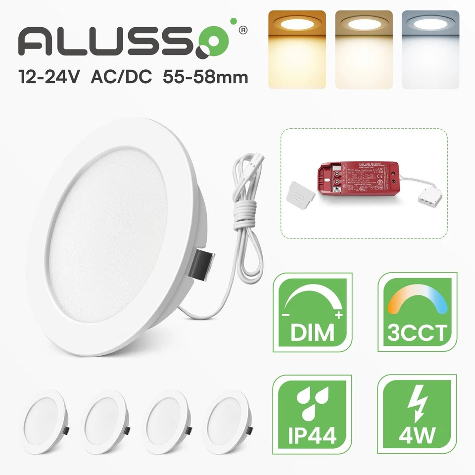 ALUSSO 12-24V LED Recessed Ceiling Lights 4W slim Camper Caravan Boat RV Downlight IP44