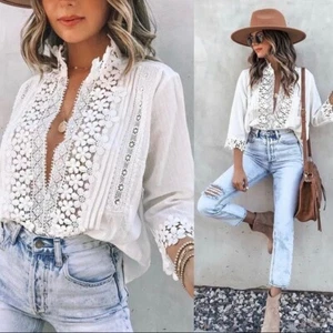 M New Boho White Crochet Lace Modern Ethereal Top Blouse Shirt Womens MEDIUM - Picture 1 of 8