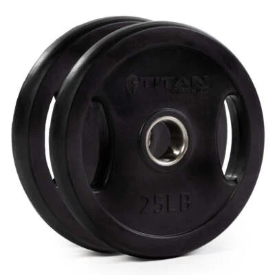 Par de placas de agarre negras Titan Fitness 25 lb, hierro fundido y revestimiento de goma Foto 1 de 4
